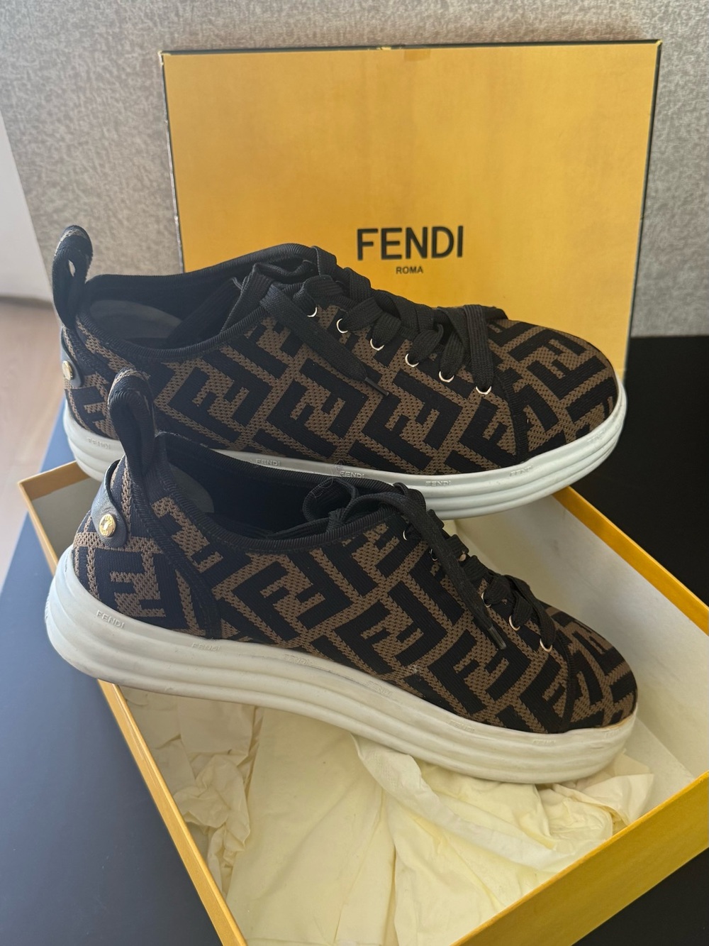 Fendi Black & Brown FF Logo Knit Low-Top Sneakers
